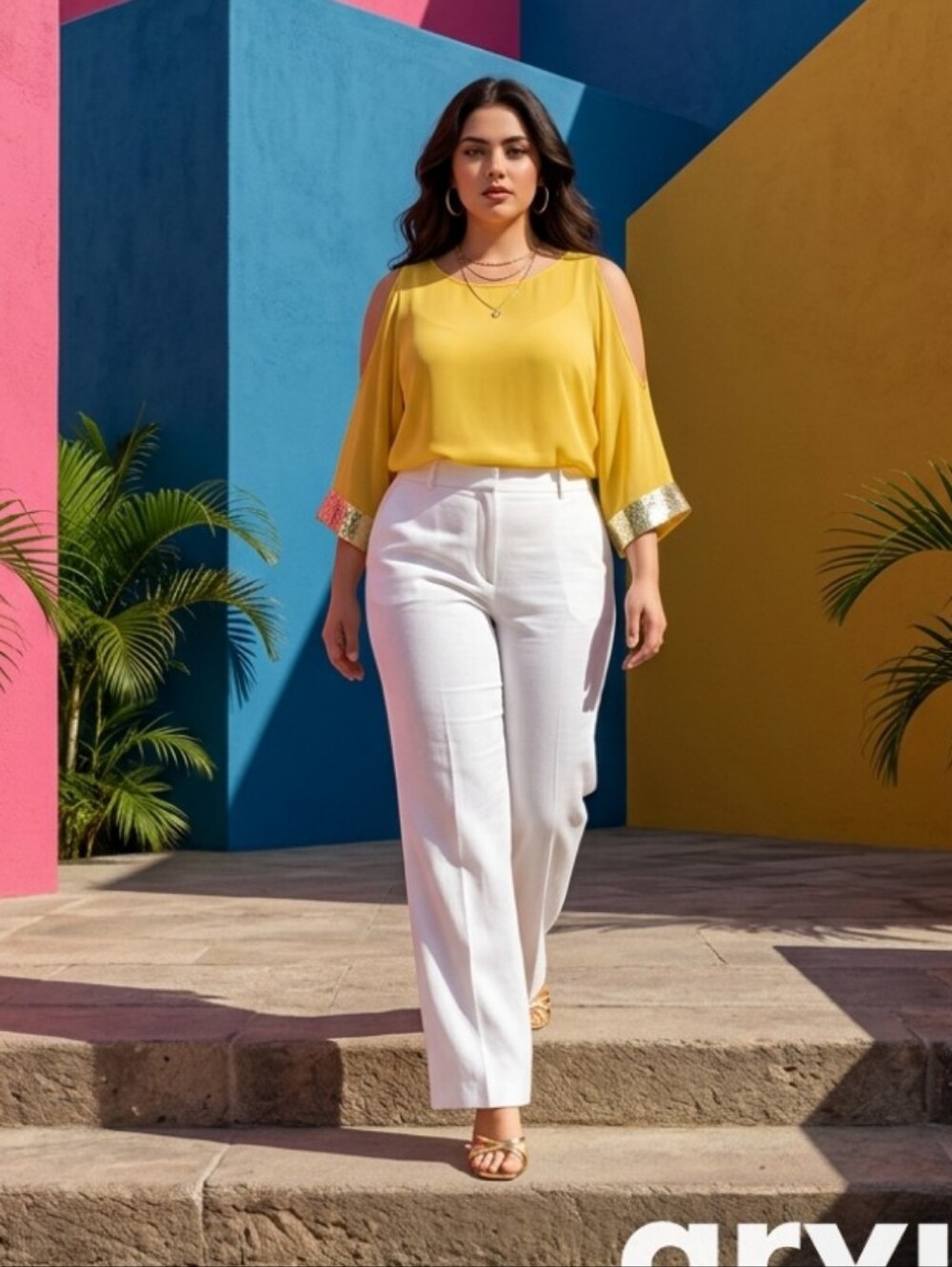 Arvin Yellow Cold-Shoulder Top with White Pants